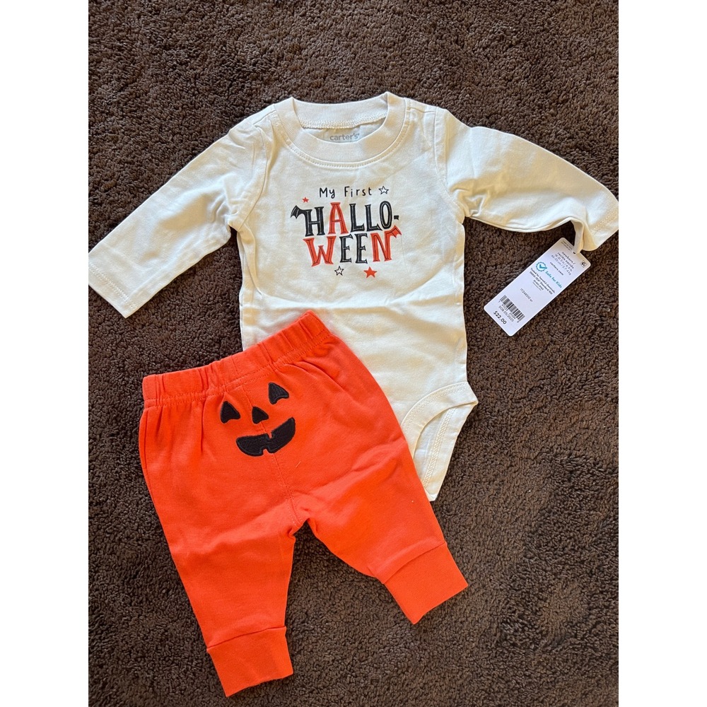 New Carters Newborn My First Halloween Bodysuit and Pumpkin Pants Set NWT
